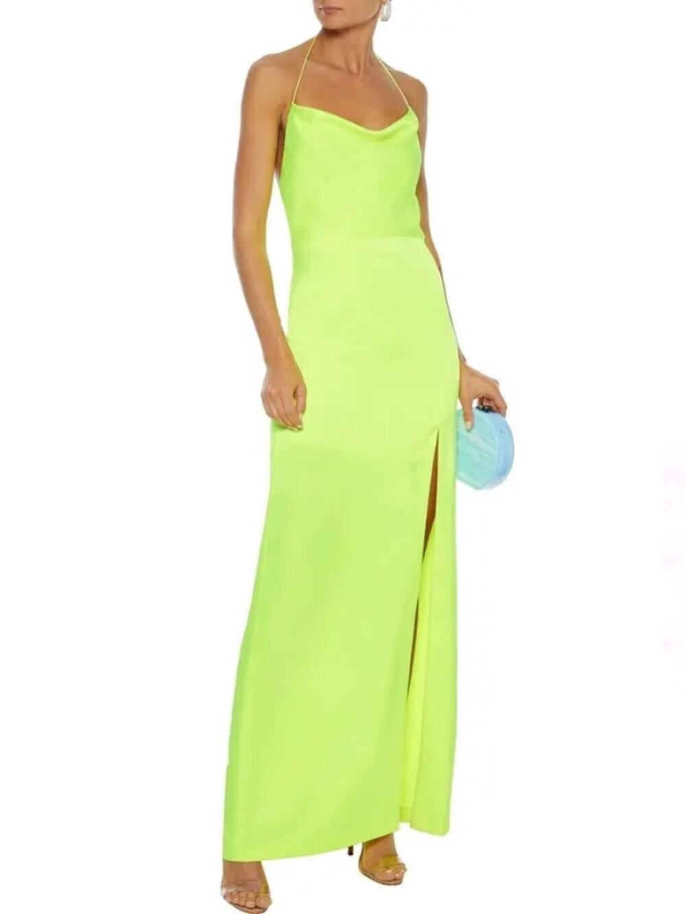 NWT ALICE & OLIVIA Erika Neon Yellow Satin Cowl Neck Halter Maxi Dress, Size 2